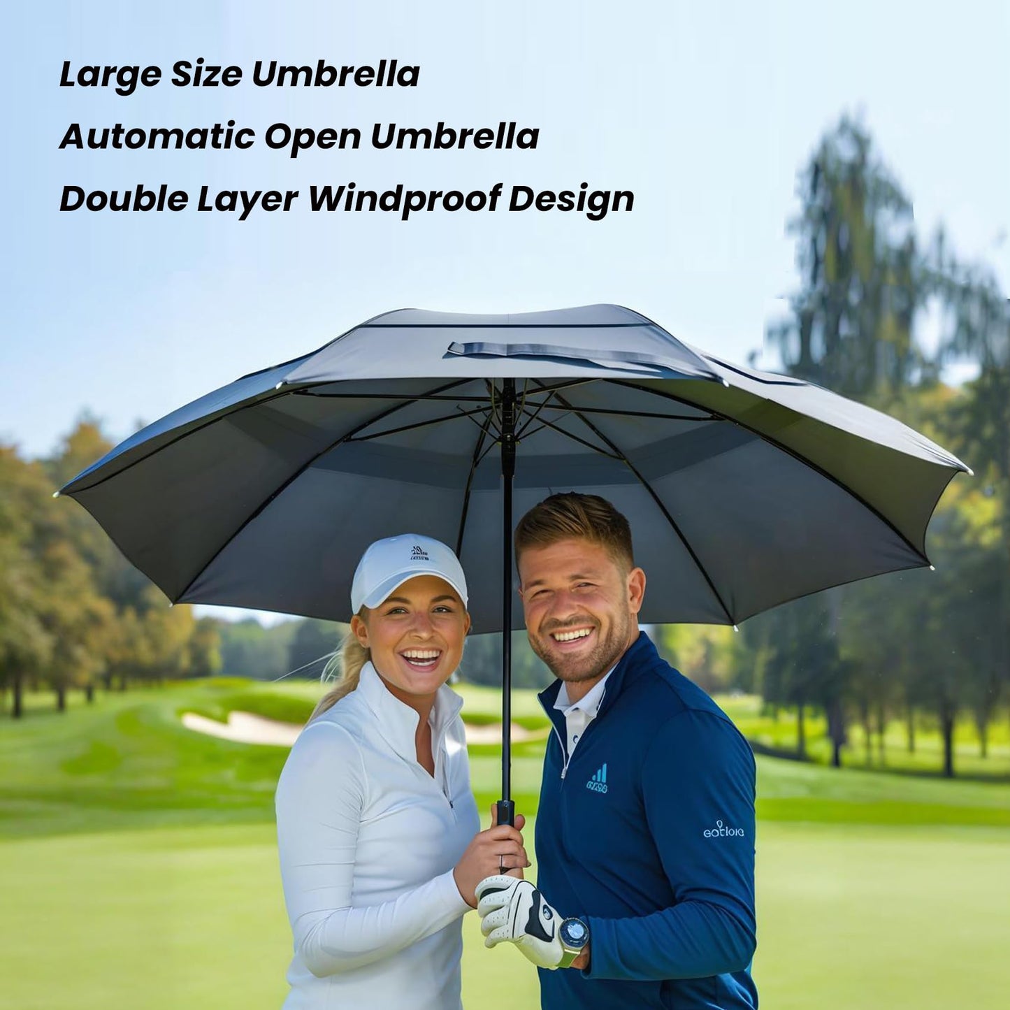 MRTLLOA 62/68/72 Inch Automatic Open Black Golf Umbrella, Extra Large Oversize Double Canopy Vented Windproof Waterproof Sports Stick Umbrellas for Rain(62 Inch)