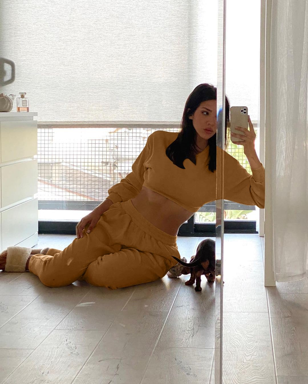 Mizoci Women's 2 Piece Outfits Lounge Jogger sets Long Sleeve Crop Top Pant Sweat Suit Tracksuit,Large,Coffee