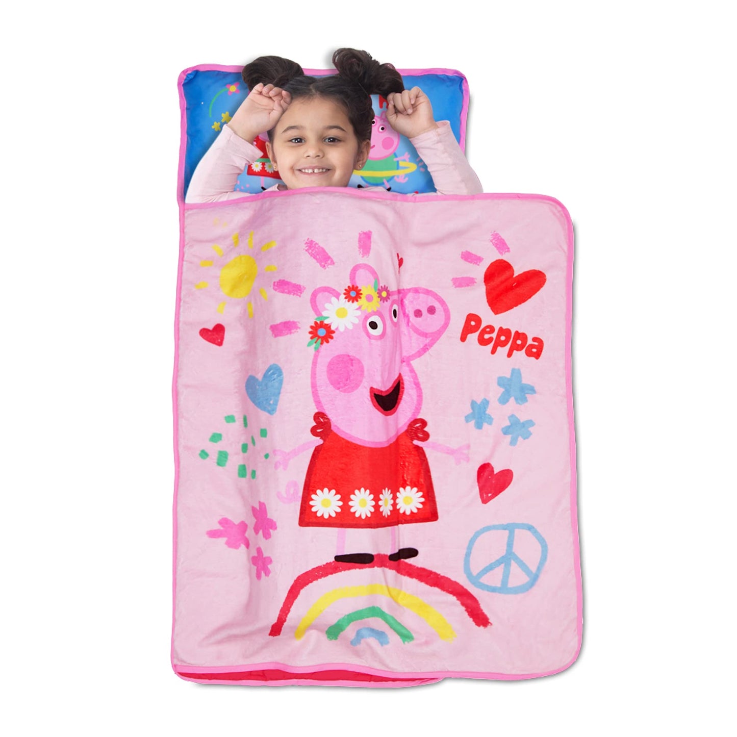NoJo Peppa Pig I'm so Happy Toddler Nap Mat - Includes Attached Pillow and Fleece Blanket