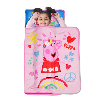 NoJo Peppa Pig I'm so Happy Toddler Nap Mat - Includes Attached Pillow and Fleece Blanket