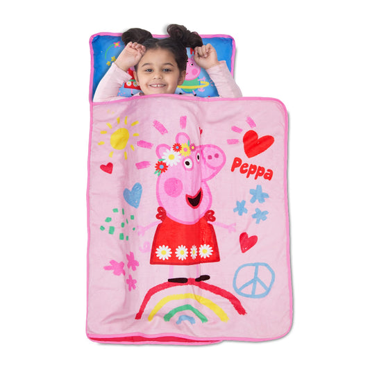 NoJo Peppa Pig I'm so Happy Toddler Nap Mat - Includes Attached Pillow and Fleece Blanket