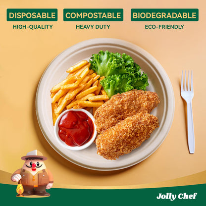 JOLLY CHEF Compostable Heavy Duty Plates 𝟭𝟬 𝗜𝗻𝗰𝗵 [𝟯𝟬𝟬 𝗣𝗮𝗰𝗸] Eco-Friendly Disposable Paper Plates Made of Bagasse Biodegradable Bulk for Party Dinner Sugarcane Fibers Round (Natural)