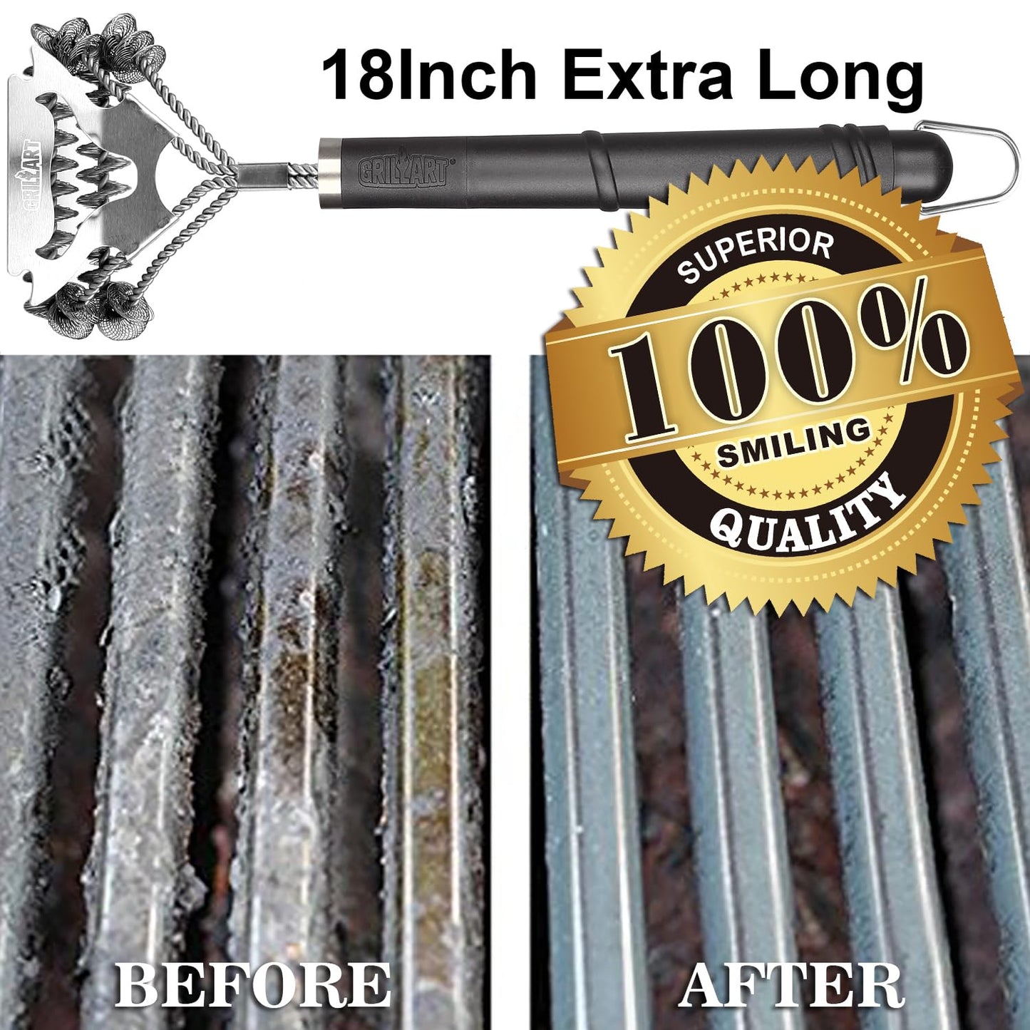 GRILLART Grill Brush for Outdoor Grill Bristle Free - Safe BBQ Grill Cleaner Brush - 18" BBQ Brush for Grill Cleaning Kit -Stainless Grill Cleaning Brush BBQ Grill Accessories Tools- Gifts for Men Dad