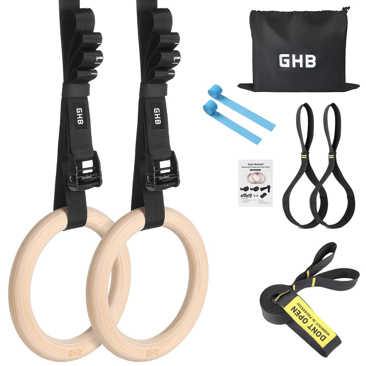 GHB Gymnastic Rings Wooden Gym Rings 1.25" Olympic Rings Adjustable Straps Pull Up Rings Sets for Workout Bodyweight Fitness Training