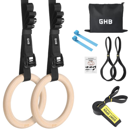 GHB Gymnastic Rings Wooden Gym Rings 1.25" Olympic Rings Adjustable Straps Pull Up Rings Sets for Workout Bodyweight Fitness Training