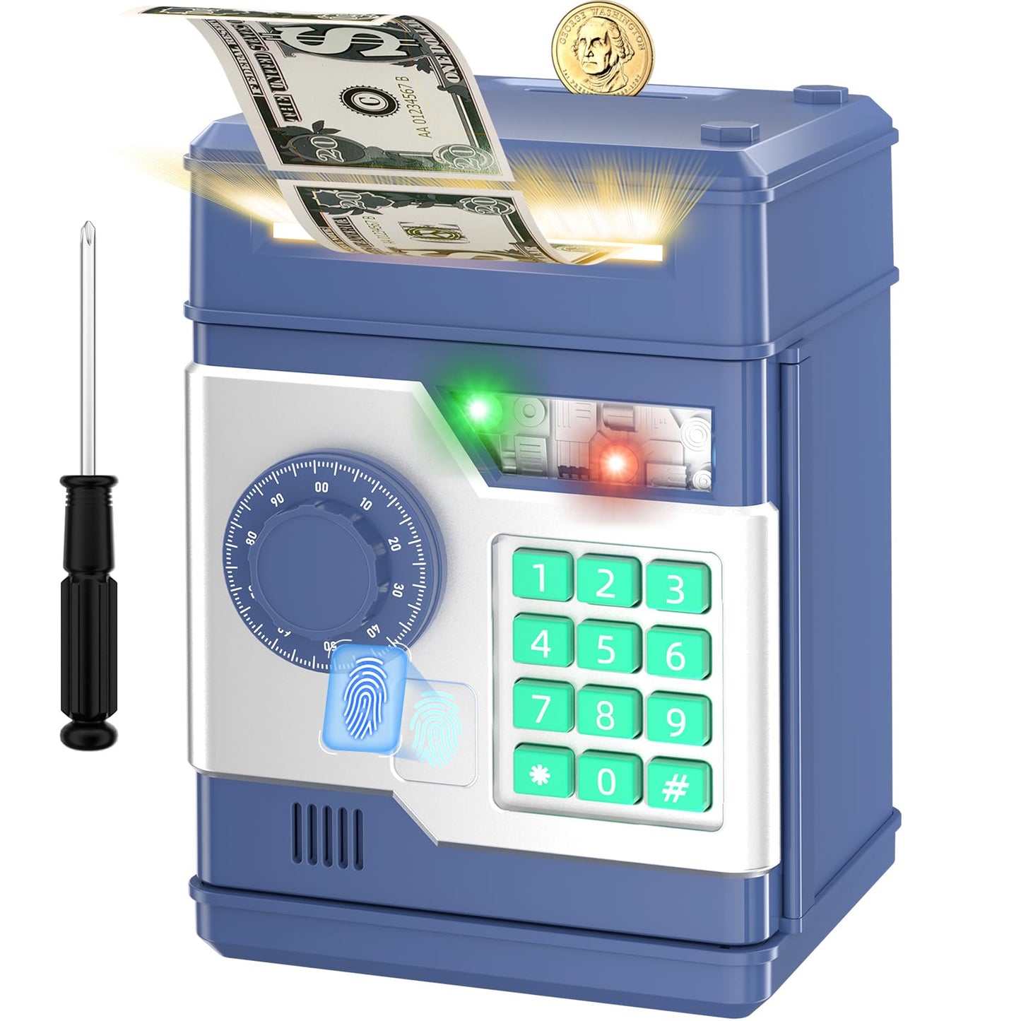 NAFEIV Piggy Bank, Automatic Electronic Piggy Bank for Kids Boys Girls with Password and Fingerprint Unlocking Simulation, Money Bank Kids Safe Toys for 3 4 5 6 7 8 9 10 Year Old Boy Girl (Navy)