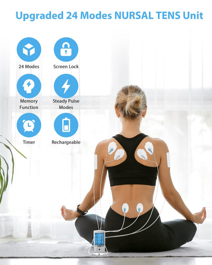 NURSAL 24 Modes TENS Unit Muscle Stimulator with Continuous Stimulation, Rechargeable Electronic Pulse Massager with 8 Pads for Back and Shoulder Pain Relief and Muscle Strength (Silver)