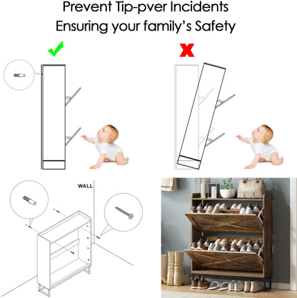 Maupvit Shoe Storage Cabinet with 2 Flip Drawers, Freestanding Shoe Organizer with Metal Legs for Entryway, Narrow Shoe Rack Cabinet, Rustic Brown