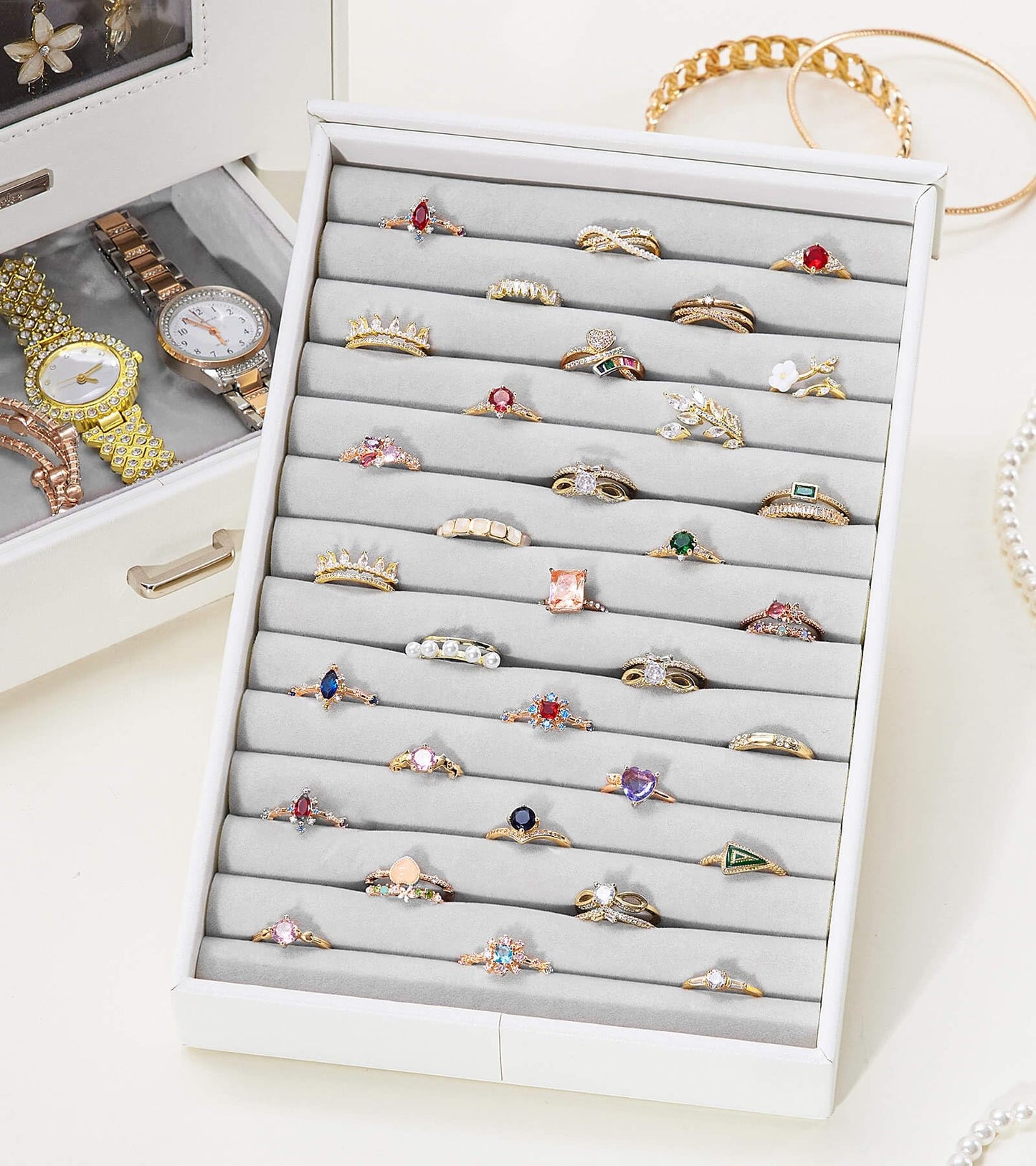 Homde Jewelry Organizer with Transparent Window Necklace Hooks Gift for Women Jewelry Box Display Case for Necklaces Rings Earrings Bracelets and Other Jewelry Accessories (White)