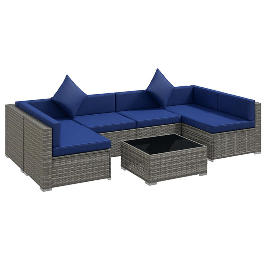 Outsunny 7-Piece Patio Furniture Set, Outdoor Wicker Conversation Set, All Weather PE Rattan Sectional Sofa Set with Cushions and Tempered Glass Top Coffee Table, Pillows, Blue