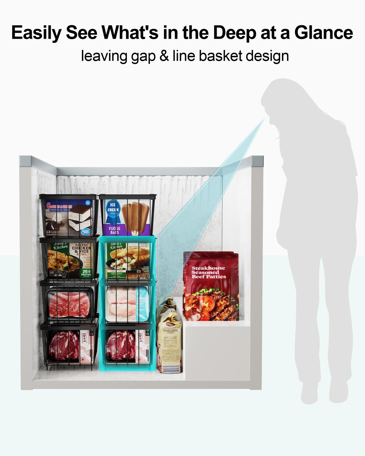 iSPECLE Freezer Organizer Bins - 4 Pack Small Stackable Deep Freezer Organizer Bins for 7 Cu.Ft Freezers Easy Get Bottom Foods without Digging, Chest Freezer Organizer Prevent Frozen Food Waste, Black