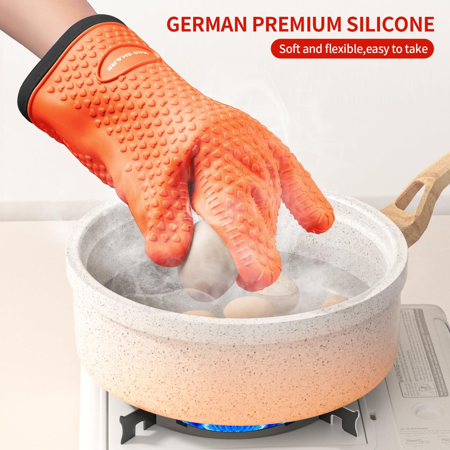 MAD SHARK Silicone Oven Mitts Heat Resistant 450 Degrees with Waterproof & Non-Slip Oven Gloves with Fingers, Silicone Oven Gloves Kitchen Mittens for Baking Cooking Barbecue (Orange)