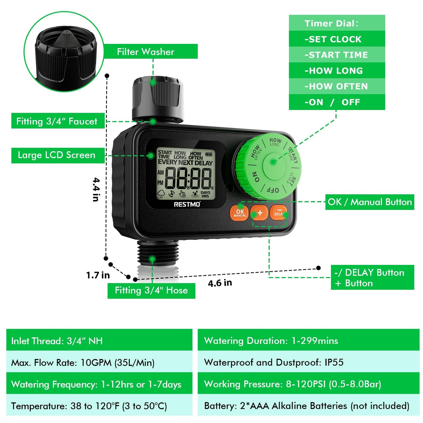 RESTMO Sprinkler Timer, Programmable Water Timer for Garden Hose, Automatic Control | Manual ON/Off | Rain Delay for Outdoor Faucet, Drip Irrigation and Lawn Watering System