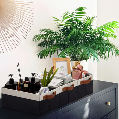 GhvyenntteS Storage Baskets for Organizing, Fabric Storage Bins with Leather H&les, Foldable Rectangular Storage Baskets for Shelves, Closets, Home, Office(Black/White, 6 Pack)11.8X7.9X5.1 in