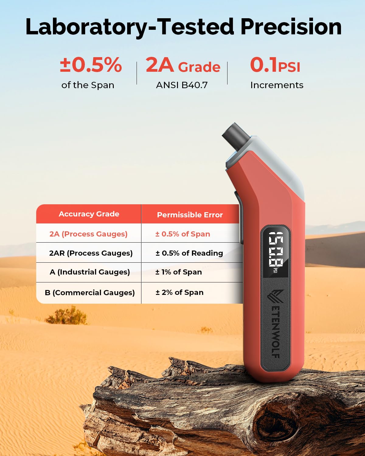 ETENWOLF T300 Digital Tire Pressure Gauge 3-200 PSI, Industrial Tire Gauge Calibrated to ANSI B40.7 Grade 2A(Plus-Minus 0.5%), Replaceable AAA Batteries (Vivid Orange)