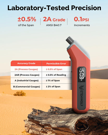 ETENWOLF T300 Digital Tire Pressure Gauge 3-200 PSI, Industrial Tire Gauge Calibrated to ANSI B40.7 Grade 2A(Plus-Minus 0.5%), Replaceable AAA Batteries (Vivid Orange)