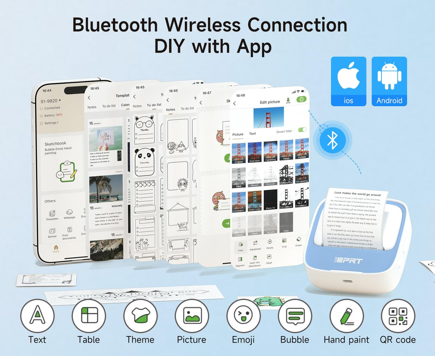 iDPRT Portable Sticker Maker Machine with 1 Roll Sticker Paper, Mini Printer Efficiently and Quickly, Thermal Printer for Study Notes, Pictures, DIY, Label, Free App with Multiple Templates, Blue