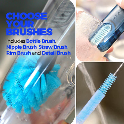 Holikme 6 Pack Brush Set, 14" Long Handle Stainless Steel Cleaner, 3 Straw Brushes, 3-in-1 Cleaning Brush for Water and Baby Bottles, Straws - Blue