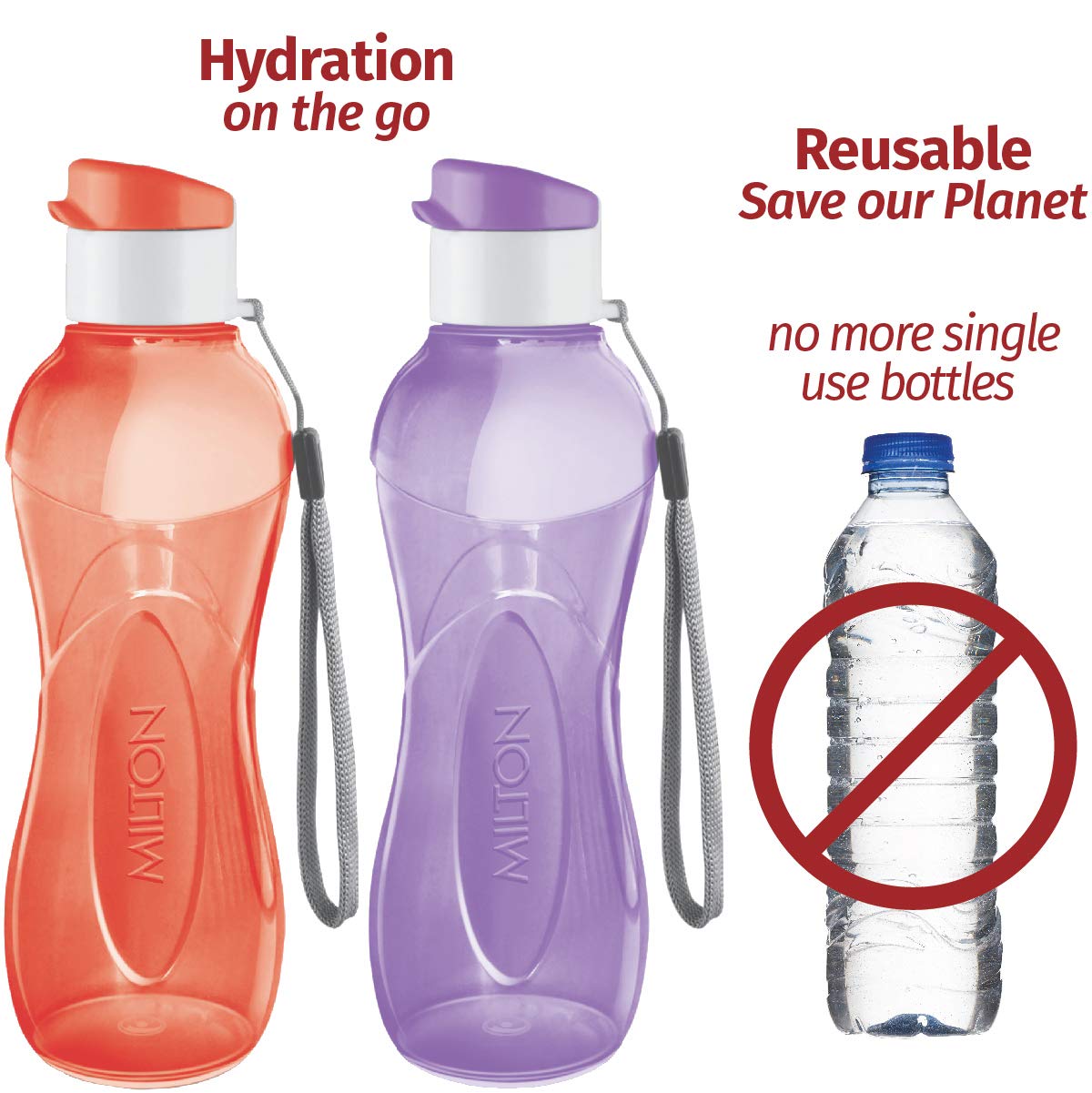 MILTON Water Bottle Kids Reusable Leakproof 12 Oz Plastic Wide Mouth Large Big Drink Bottle BPA & Leak Free with Handle Strap Carrier for Cycling Camping Hiking Gym Yoga - Pastel Colors 3 Pack