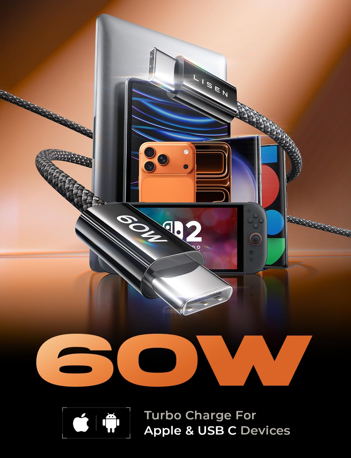 LISEN USB C Cable, 5-Pack [3.3/3.3/6.6/6.6/10FT] for iPhone 17 Charger Cord, 60W USB C to USB C Cable Fast Charging for iPhone Air 17 16 15 Pro Max, Samsung Z Flip 7/S25/S24, Switch 2, iPad, MacBook