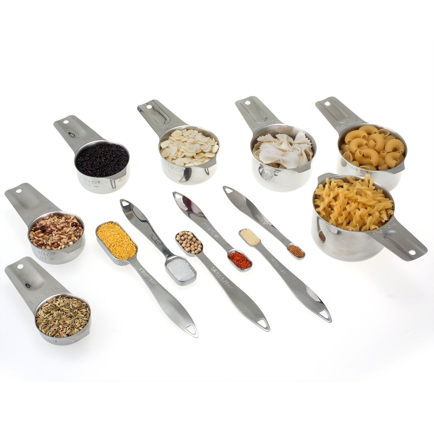 13-piece Measuring Cups and Spoons Set, 18/8 Stainless Steel Heavy Duty Ergonomic Handle with Ring Connector, Silver