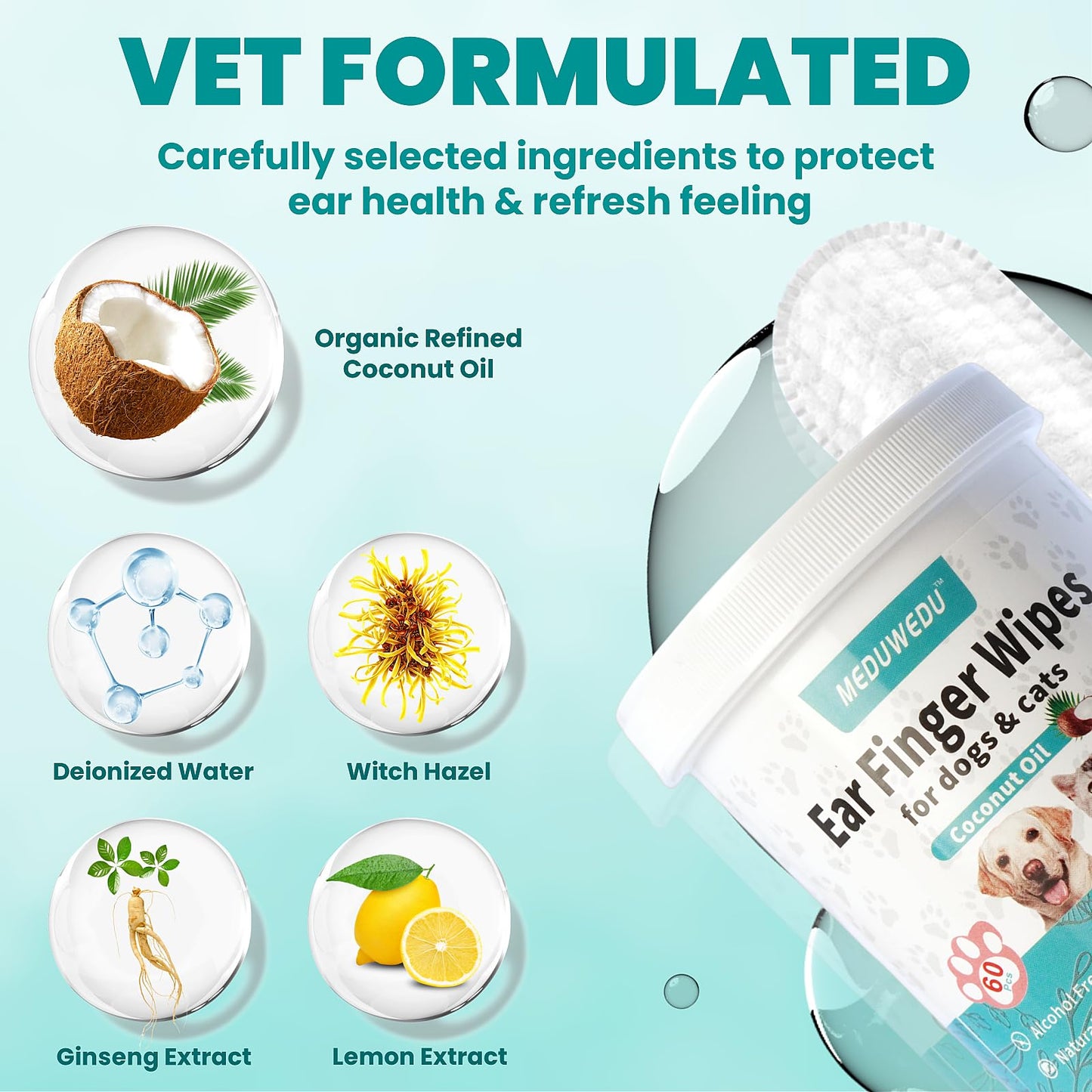 MEDUWEDU Ear Cleaner Finger Wipes 60 Counts, Dog Ear Cleaner, Grooming Kit Care for Dogs and Cats, Soft & Easy Otic Cleaning Pads, Remove Wax, Dirt & Stop Smelly, Itchy, Non-Irritating, Coconut Scent