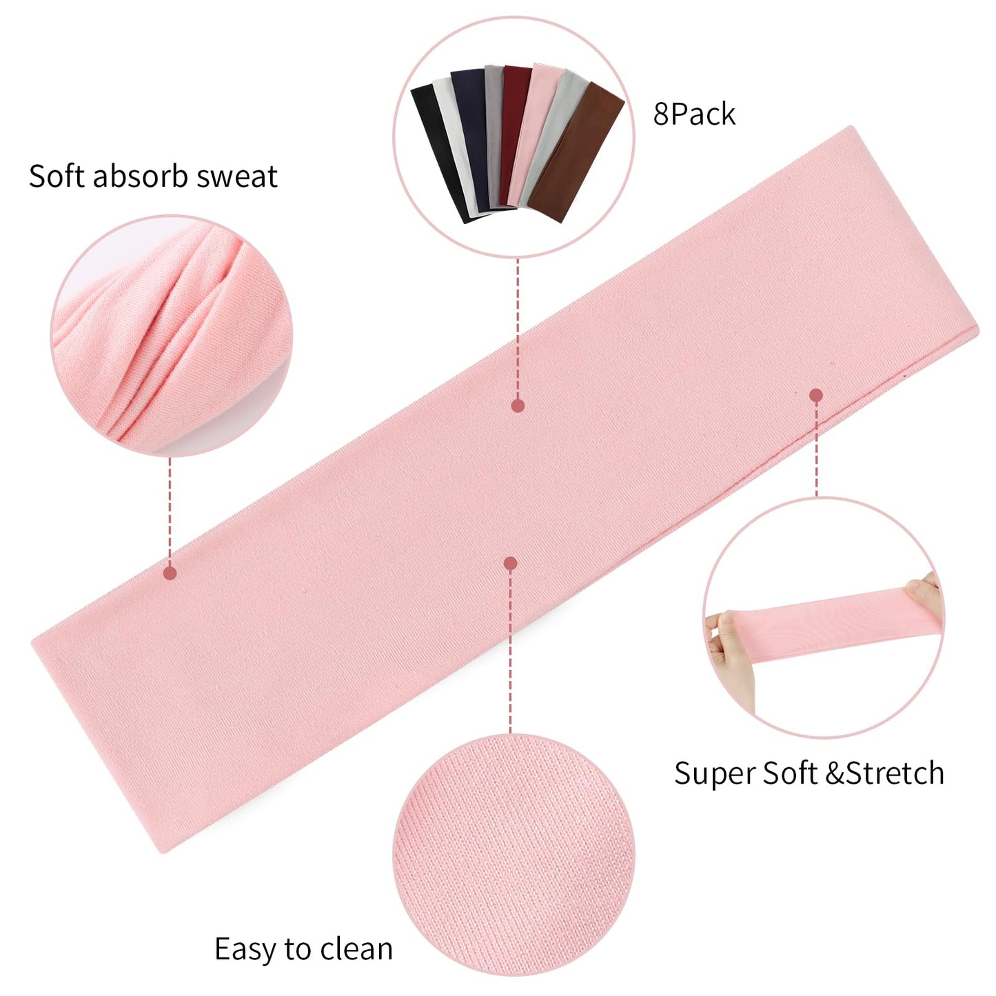 Fishinsea 8 Pack Sport Headbands for Women, Elastic Soft Fabric Non-Slip Hair Bands Hair Warp for Daily Workout Yoga Running Sports