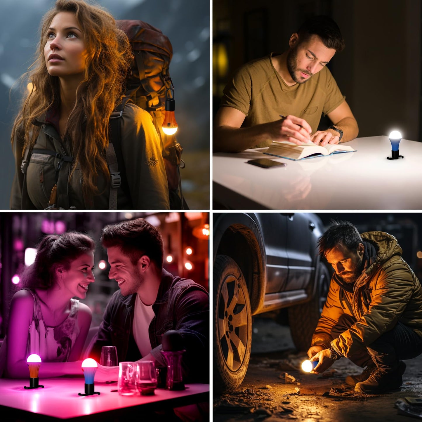 Lepro LED Rechargeable Camping Lantern, 7 White and RGB Light Modes, Camping Essentials, Hanging Light Bulbs with Clip Hook for Camping, Christmas, Decorations, Emergency, USB Cable Included, 2 Packs