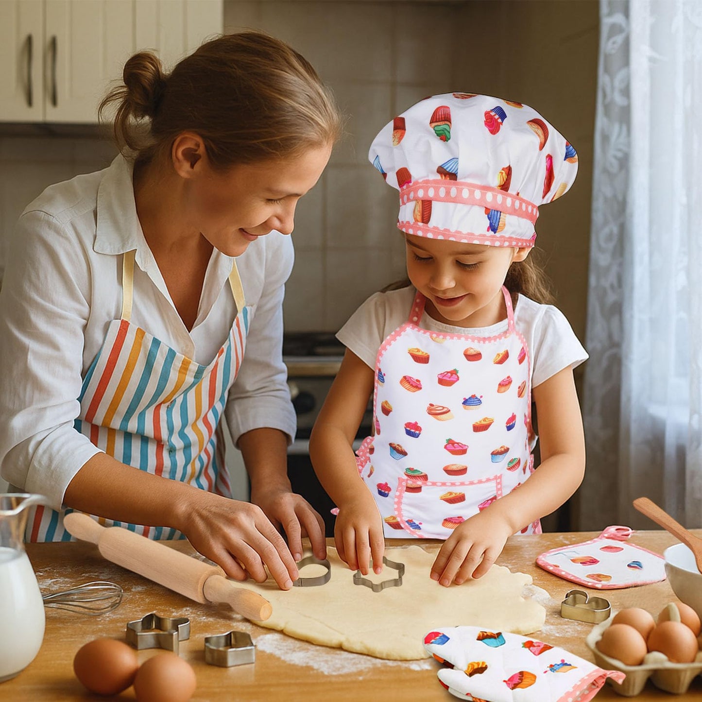 3 Otters Kids Chef Hat and Apron, 11 PCS Chef Costume Sets Pretend Play Kitchen Toys Baking Tools for Toddler