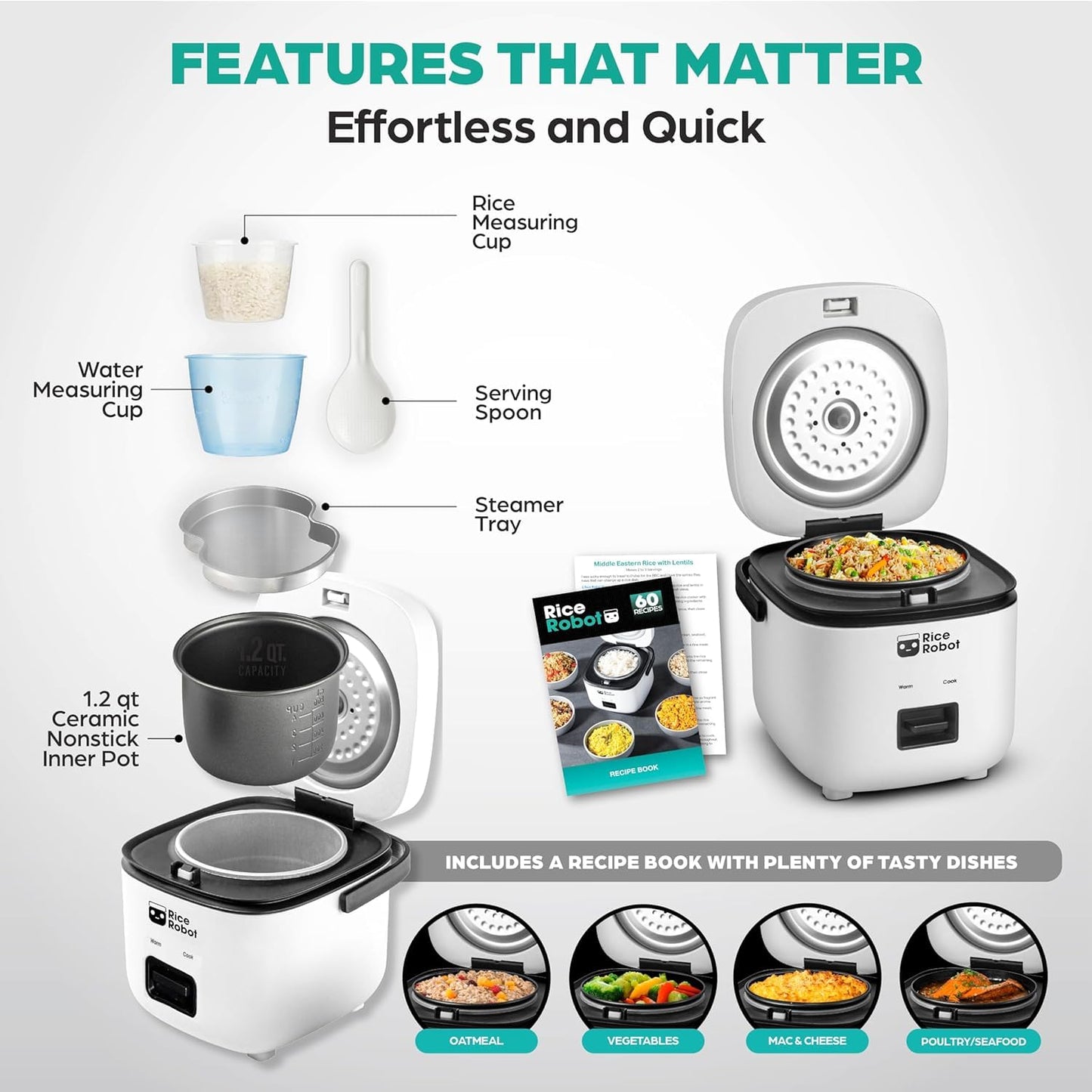 Rice Robot Personal Rice Cooker, PFAS-free, Nonstick. 1 Quart Capacity, with Stainless Steel Steamer Tray, Measuring Cups, Recipe Book with 60 Recipes, and Serving Spoon, As Seen On TV
