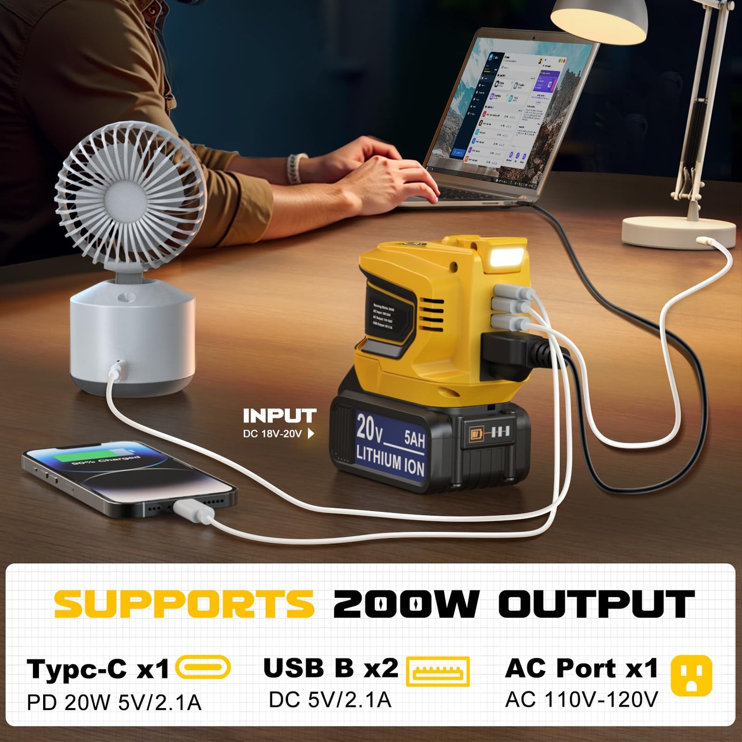 Power Inverter 200W Portable Power Station Generator Compatible with DeWALT, Ecarke Supply Charger Adapter with Dual USB,AC Outlet and Type-C with 5Ah Battery & Charger Station Kit
