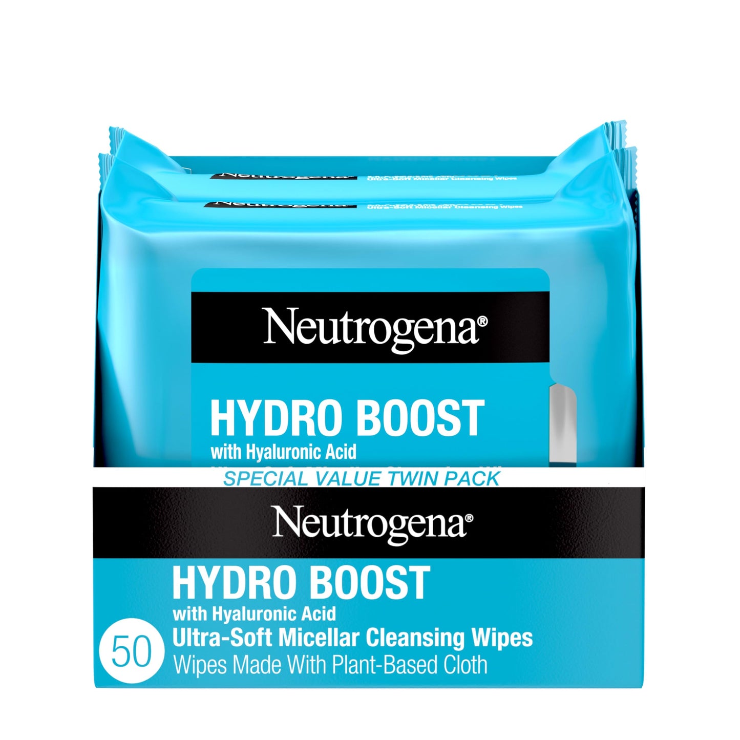 Neutrogena Hydro Boost Ultra-Soft Micellar Cleansing Wipes with Hyaluronic Acid, Hydrating Makeup Remover Wipes Remove Dirt & Waterproof Makeup, Hypoallergenic, Plant-Based Cloth, 2 x 25 ct