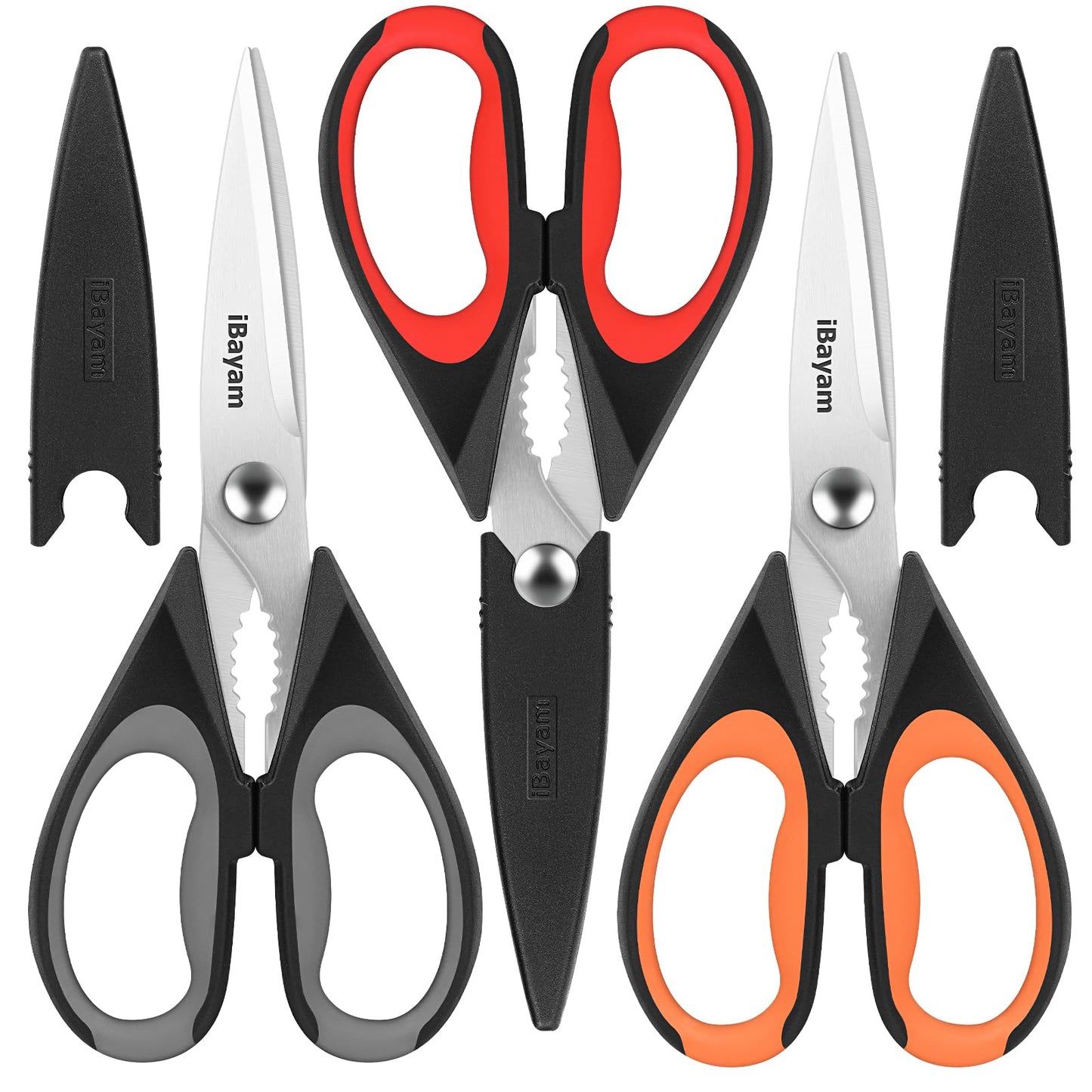 iBayam 3-Pack 8.5"Kitchen Scissors All Purpose Heavy Duty with Protective Sheath, Soft Grip Comfort Handle, Dishwasher Safe Kitchen Utensils Gadgets Set, Stainless Cooking Meat Poultry Food Shears