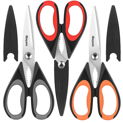 iBayam 3-Pack 8.5"Kitchen Scissors All Purpose Heavy Duty with Protective Sheath, Soft Grip Comfort Handle, Dishwasher Safe Kitchen Utensils Gadgets Set, Stainless Cooking Meat Poultry Food Shears
