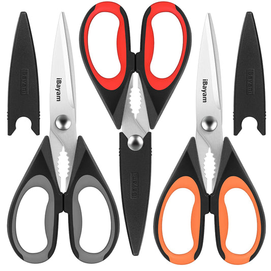 iBayam 3-Pack 8.5"Kitchen Scissors All Purpose Heavy Duty with Protective Sheath, Soft Grip Comfort Handle, Dishwasher Safe Kitchen Utensils Gadgets Set, Stainless Cooking Meat Poultry Food Shears