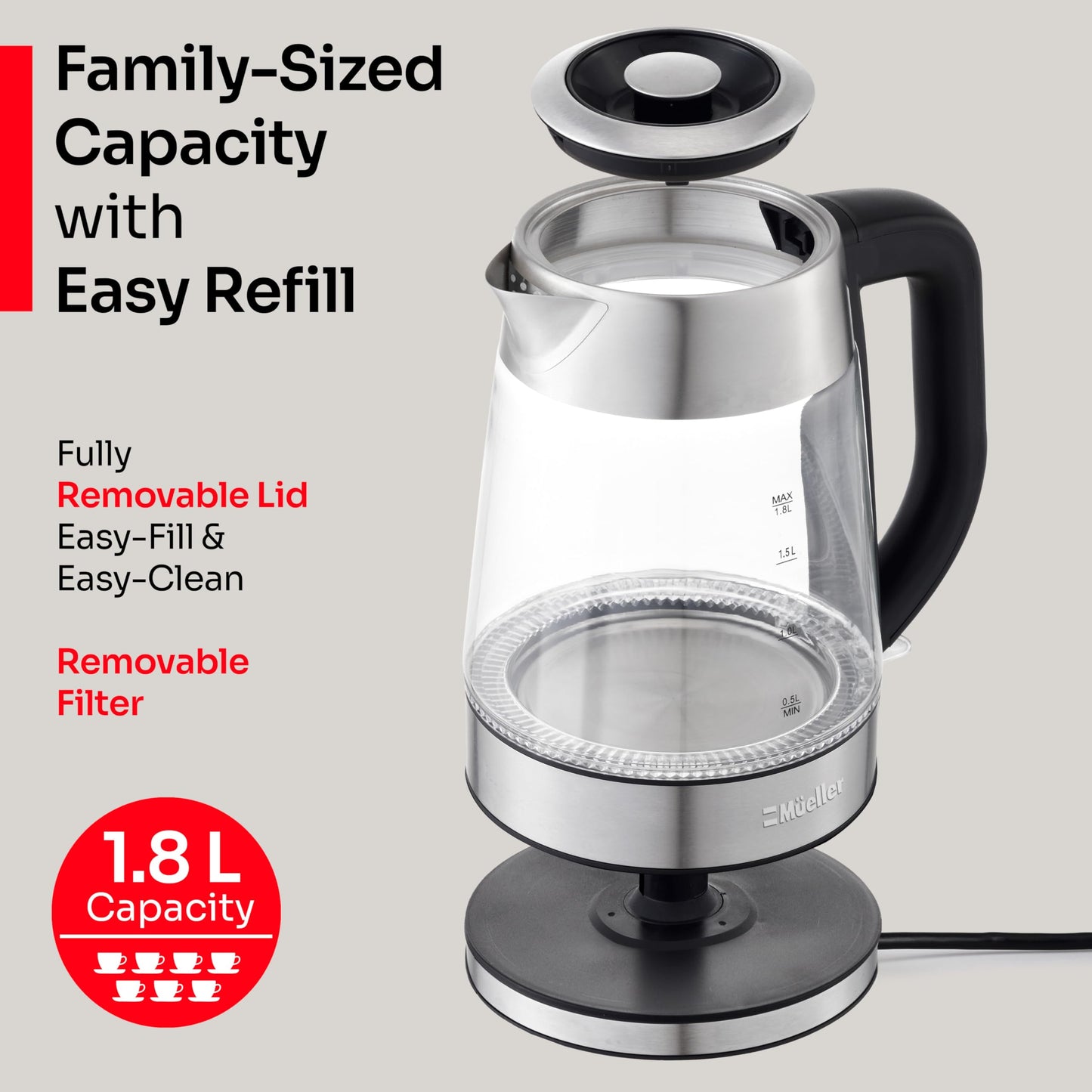 Mueller RapidBoil Electric Kettle 1.8L – Borosilicate Glass & Stainless Steel – BPA-Free Tea Kettle, LED Light, Auto Shut-Off, Boil Dry Protection Water Heater – Fast Heating, Kitchen Essentials