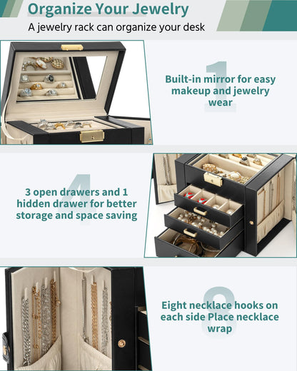 AKOZLIN 4-Tier Jewelry Box Leather Jewelry Storage Organizer with 3 Drawers Lockable for Women Girls Ring Necklace Earring Bracelet Holder with Mirror Black