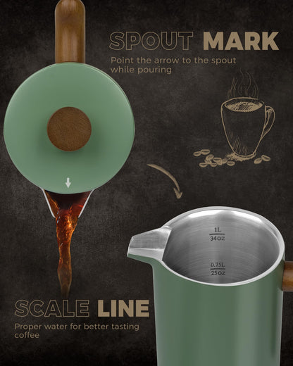 POLIVIAR French Press Coffee Maker, 34 oz Coffee Press with Real Wood Handle, Double Wall Insulation & Dual-Filter Screen, Food Grade Stainless Steel for Good Coffe and Tea (Flatland)