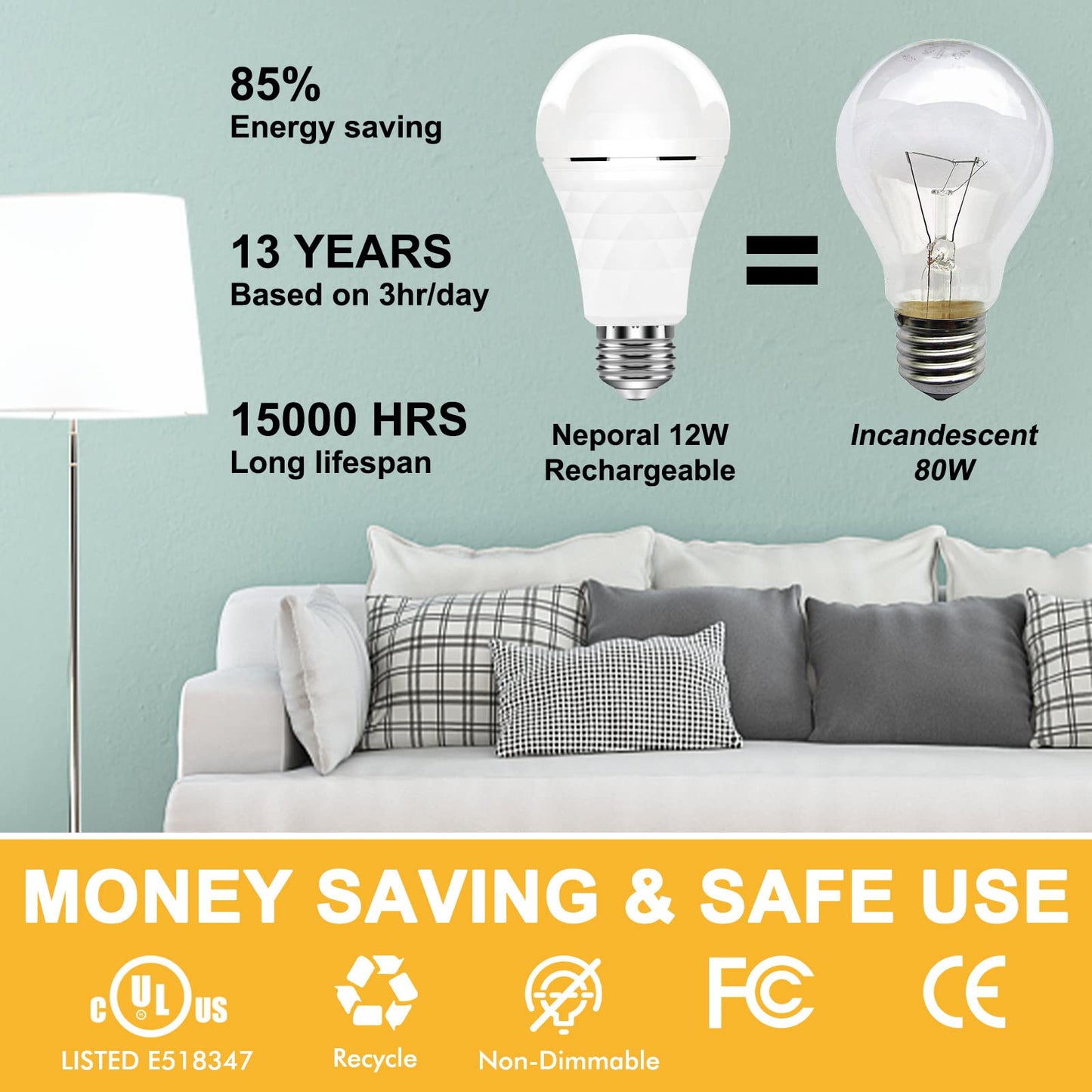 Neporal A19 Rechargeable Light Bulbs, Socket Rechargeable Emergency Light Bulb for Power Failure, 1200mAh Battery Backup Light Bulbs for Home, Hurricane, Led Bulb 60 Watt Equiv. (Daylight-2 PK)