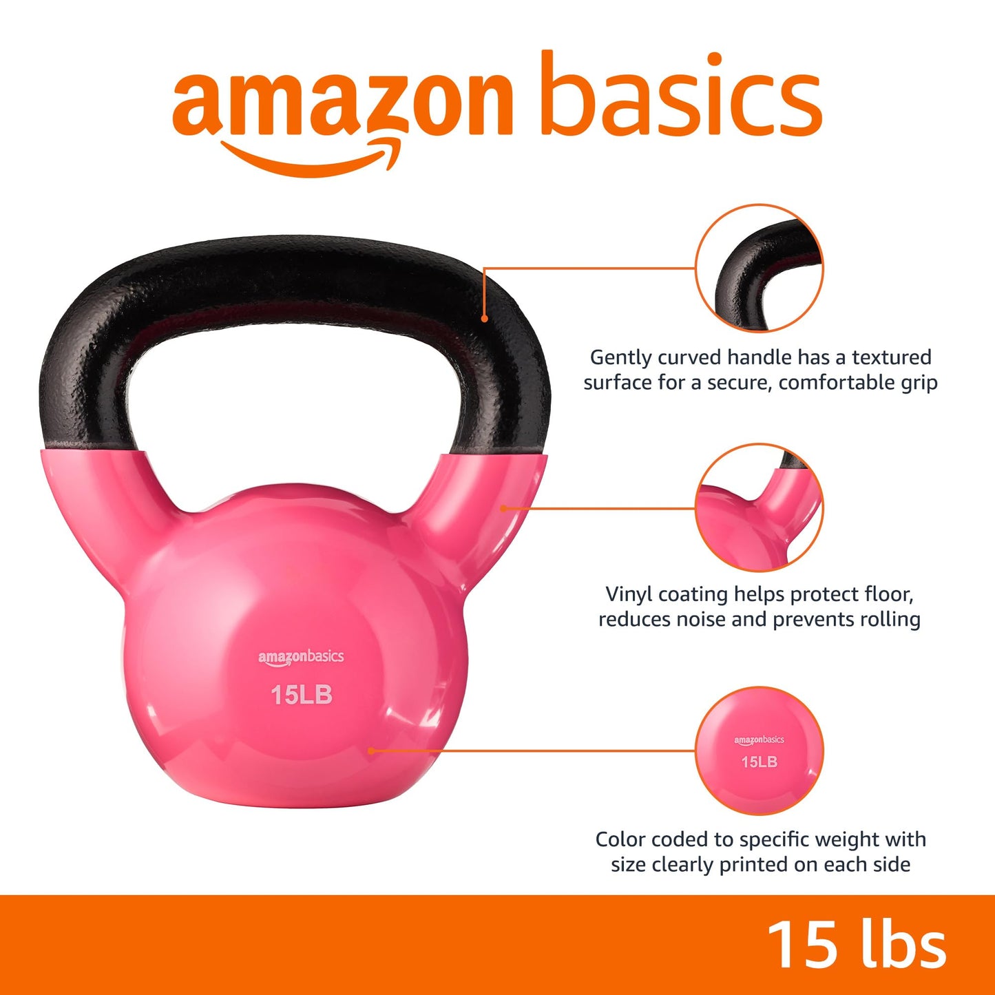 Amazon Basics Vinyl Kettlebell, 15 pound, Pink