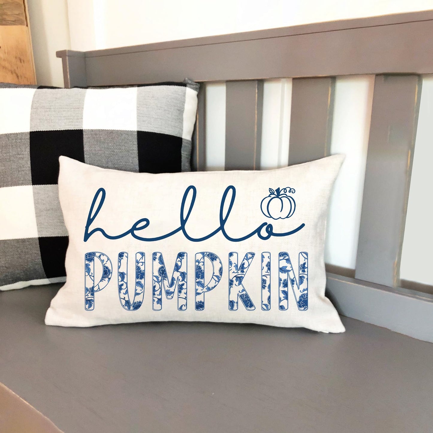 GTEXT Fall Pillow Cover 12x20 inch Blue Chinoiserie Hello Pumpkin Throw Pillow Cover Autumn Decor Thanksgiving Outdoor Seasonal Decorative Pillowcase Recotangle Farmhouse Decor for Sofa Bed Couch