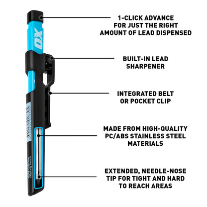 OX Tools Pro Tuff Carbon Marking Pencil with Holder, Sharpener, & Belt Clip - Heavy Duty Mechanical Pencil Ideal for Carpenters, Woodworking and Construction, OX-P503201