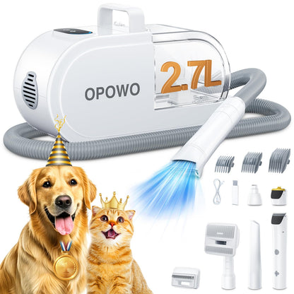OPOWO Dog Grooming Vacuum, 2.7L Dog Hair Vacuum with Clipper Nail Grinder Paw Trimmer, 3 Suction Modes, Low Noise Groomer with 7 Pet Grooming Tools, Pet Grooming Vacuum for Dogs Cats