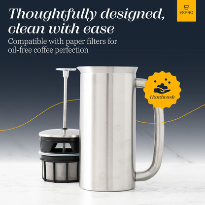 ESPRO P7 French Press Coffee Maker - Double-Walled Stainless Steel Insulated with Micro-Filter, 18 Oz, Brushed Stainless Steel