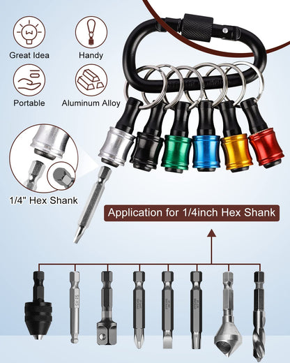 Katerk 12pc Portable Bit holder Key chain, 1/4 inch Hex Shank Screwdriver Bit Clip for Impact Driver Drill Bit Extension Nut Driver W/Black Carabiner, Quick Release Lightweight Drill Screw Adapter