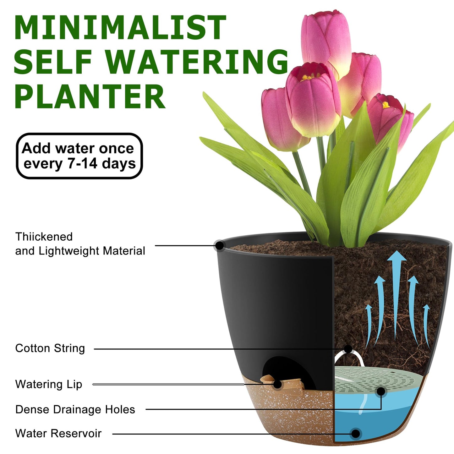 QRRICA Plant Pots 10/9/8/7.5/7 Inch Self Watering Pots, Set of 5 Plastic Planters with Drainage Holes and Saucers,Plastic Flower Pots,Nursery Planting Pot for Indoor Out Door Plants(Black Brown)
