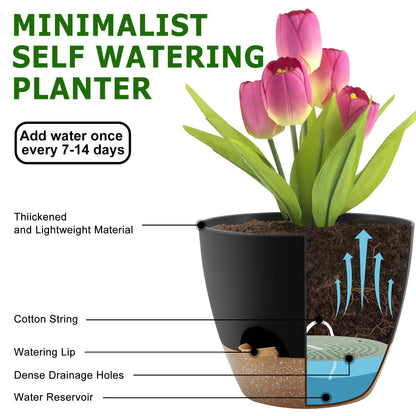 QRRICA Plant Pots 10/9/8/7.5/7 Inch Self Watering Pots, Set of 5 Plastic Planters with Drainage Holes and Saucers,Plastic Flower Pots,Nursery Planting Pot for Indoor Out Door Plants(Black Brown)