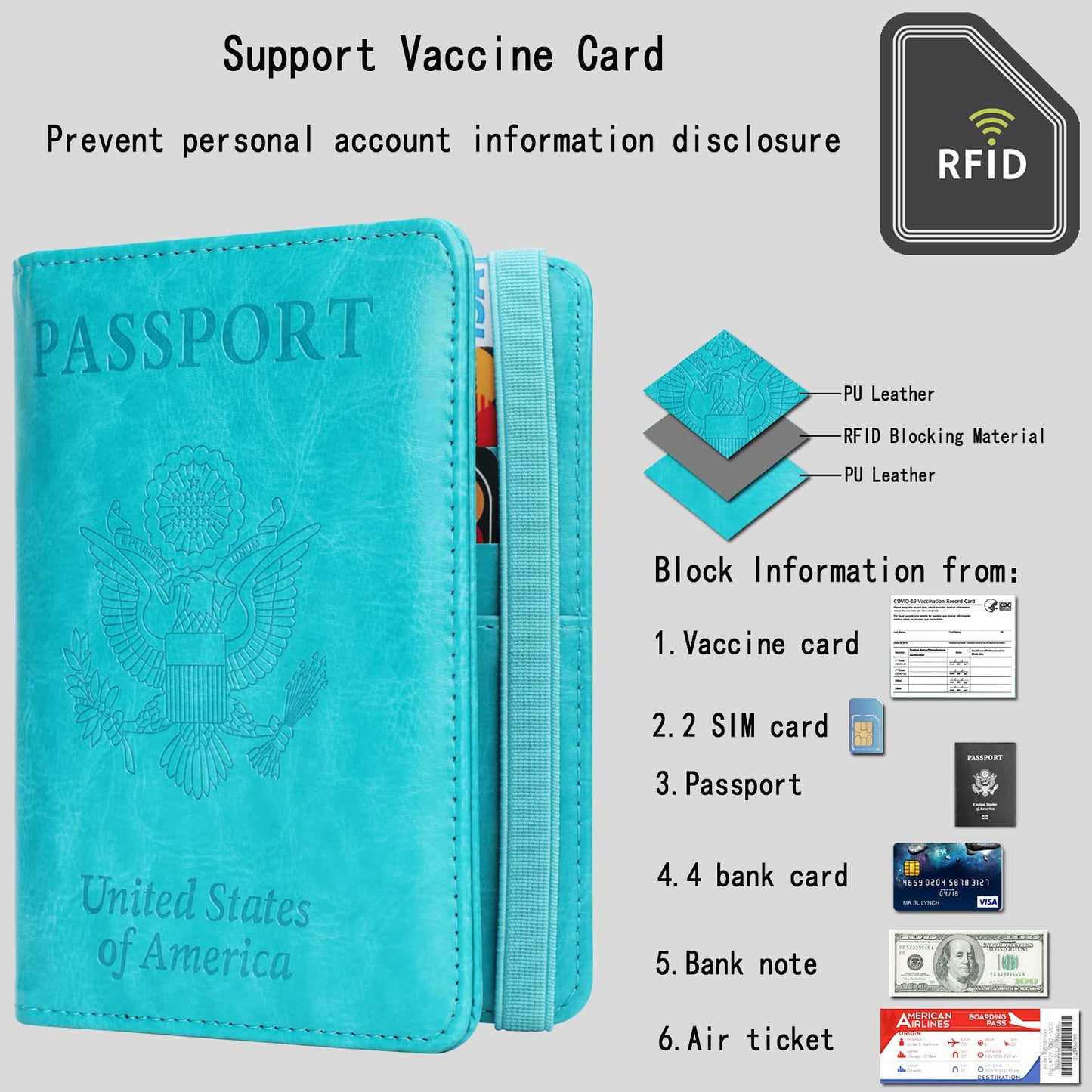 GDTK Leather Passport Holder Cover Case RFID Blocking Travel Wallet (Sky Blue)