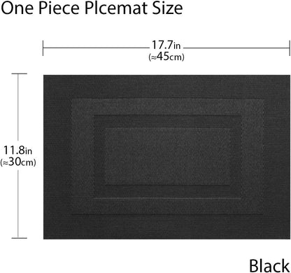 PIGCHCY Placemats,Washable Vinyl Woven Table Mats,Elegant Durable Placemats for Dining Table Set of 4 (18 x 12 inches, Pure Black)