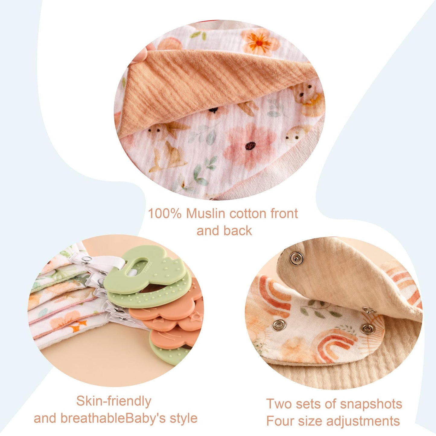 Muslin Baby bibs 6-Pack and Teething Toys 6-Pack Made with 100% Organic Cotton, Absorbent and Soft For Baby girl